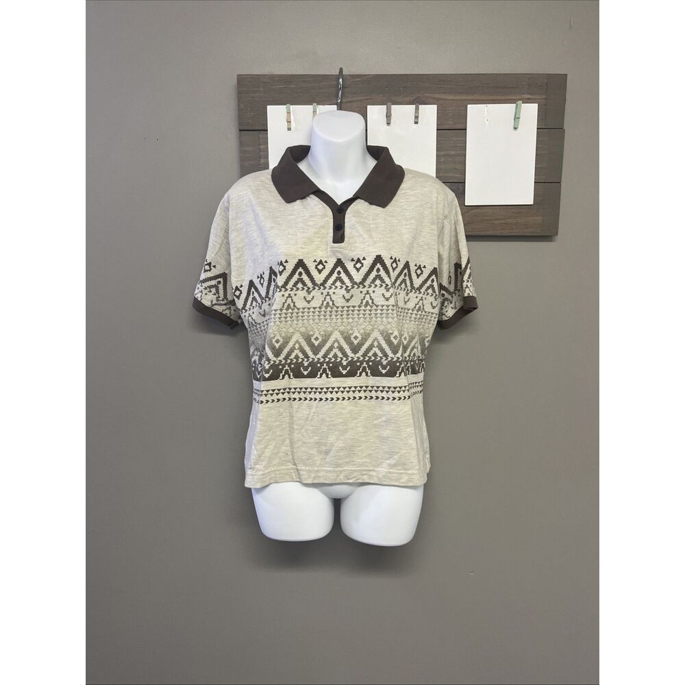 Roper Southwestern Heather Cream Polo Brown Tribal Short Sleeve Buttons Large